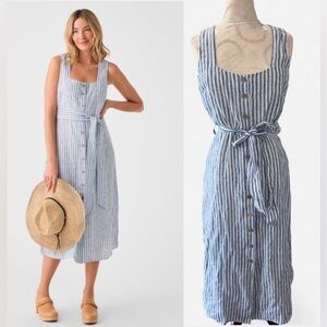 New Faherty Seaside Blue And White Striped Belted Linen Midi Dress-Size M NWT